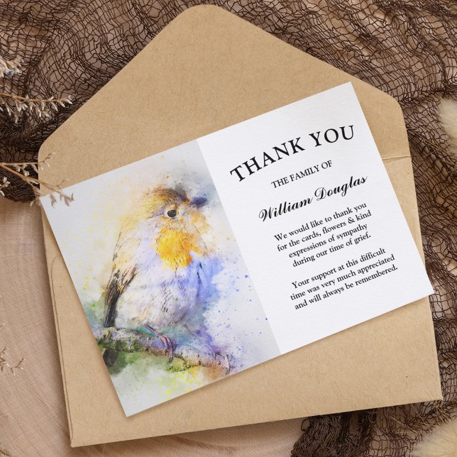 Cartão De Agradecimento Memorial Funeral Robin Watercolor Elegante (Criador carregado)