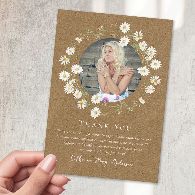Cartão De Agradecimento Memorial Funeral Rustic Daisy Photo Sympathy (Criador carregado)