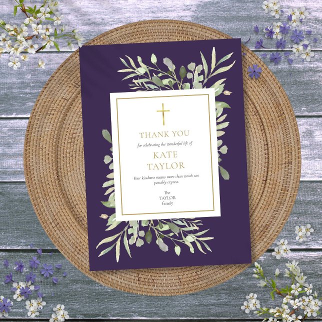 Cartão De Agradecimento Memorial Funerário Cristão Purple Greenery (Purple Greenery Christian Funeral Memorial Thank You Card)