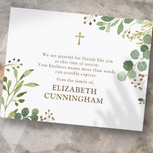 Cartão De Agradecimento Memorial Modern Watercolor Foliage Dourado Cross