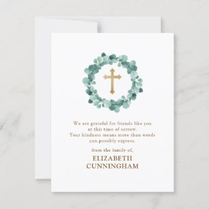 Cartão De Agradecimento Memorial Modern Watercolor Wreath Dourado Cross