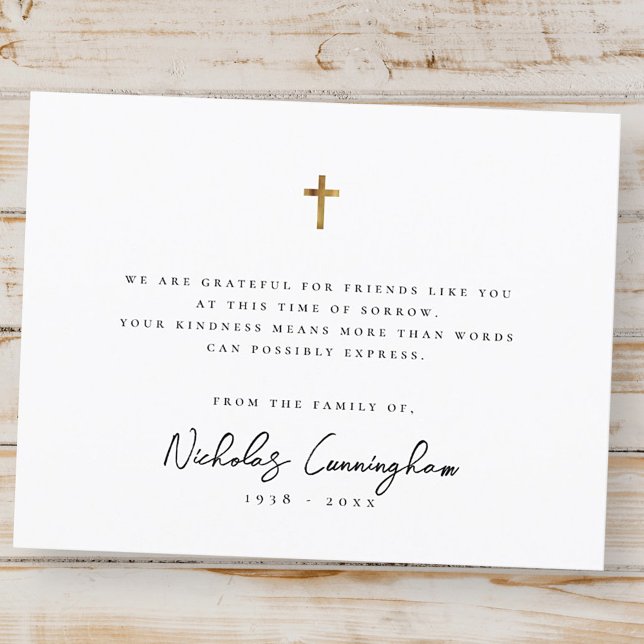 Cartão De Agradecimento Memorial Moderno Simples Cruz Elegante Dourada (Criador carregado)