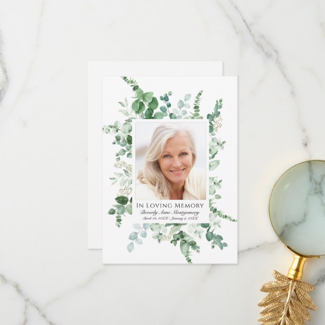 Cartão De Agradecimento Memorial Personalizado de Foto Eucalyptus Greenery (Frente/Verso In Situ)