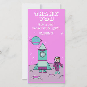 Cartão De Agradecimento Menina Astronauta Foguete Espacial Rosa Aniversári