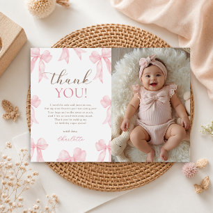 Cartão De Agradecimento Menina com Laço Rosa no Aniversário de 1 Ano Foto