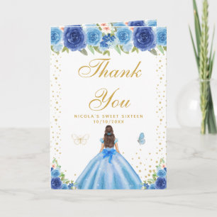 Cartão De Agradecimento Menina de Cabelo Castanho Floral Azul Doce Dezesse