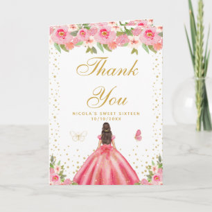 Cartão De Agradecimento Menina de Cabelo Castanho Floral Rosa Sweet Sixtee