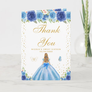 Cartão De Agradecimento Menina de Cabelo Loiro Floral Azul Aniversário de