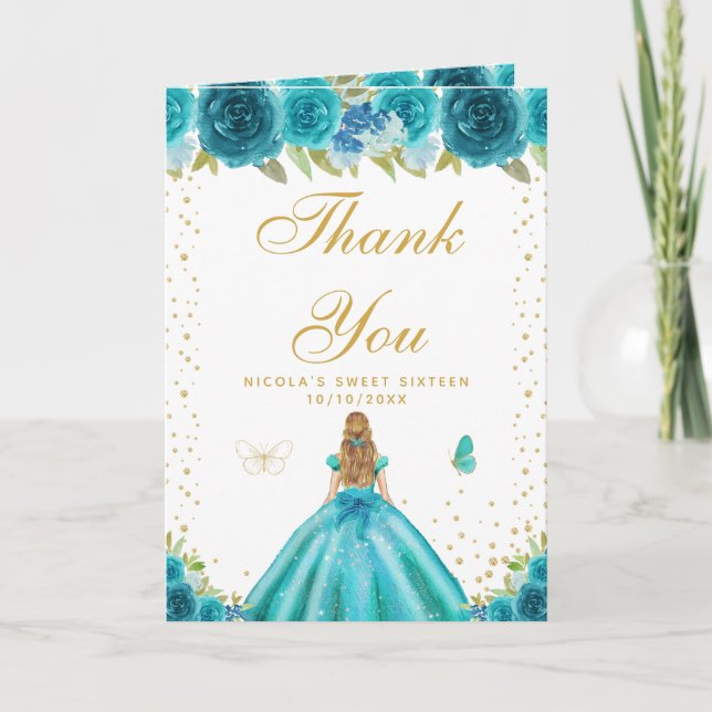 Cartão De Agradecimento Menina de Cabelo Loiro Floral Turquesa Sweet Sixte (Frente)