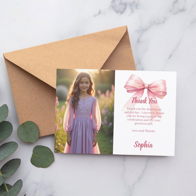 Cartão De Agradecimento Menina de foto de aniversário laço rosa branco (Criador carregado)