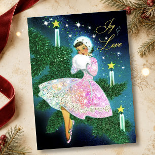 Cartão De Agradecimento Menina de vela de Natal vintage brilho iridescente