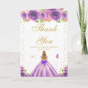 Cartão De Agradecimento Menina Loira de Cabelo Floral Roxo Sweet Sixteen