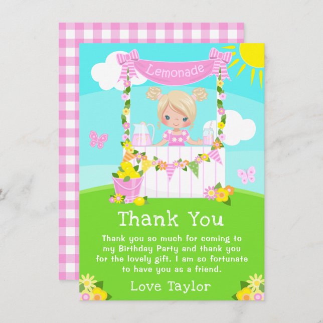 Cartão De Agradecimento Menina Loira de Pé de Limonada Rosa de Aniversário (Frente/Verso)