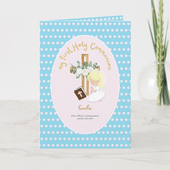 Cartão De Agradecimento Menina Loura-Lã-Justa de Primeira Comunhão Persona (Frente)