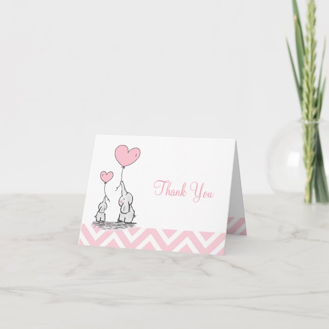 Cartão De Agradecimento Menina Personalizada de Elefante Rosa Pastel (Frente)