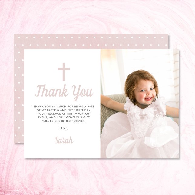 Cartão De Agradecimento Menina Rosa Batismo Primeira Foto De Aniversário (Thank your family and friends for attending your daughter's baptism with this photo thank you card.)