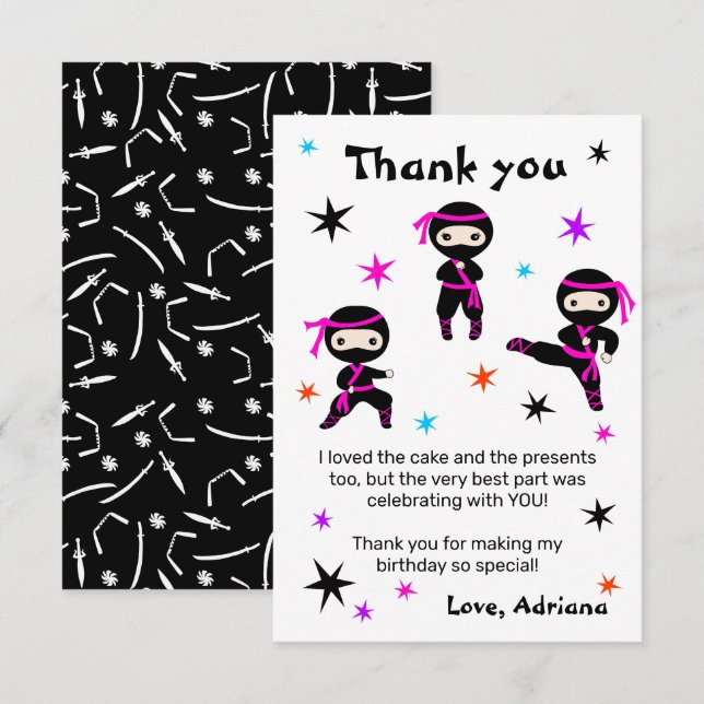 Cartão De Agradecimento Meninas Fofas Ninja Warrior Festa de Aniversário R (Frente/Verso)