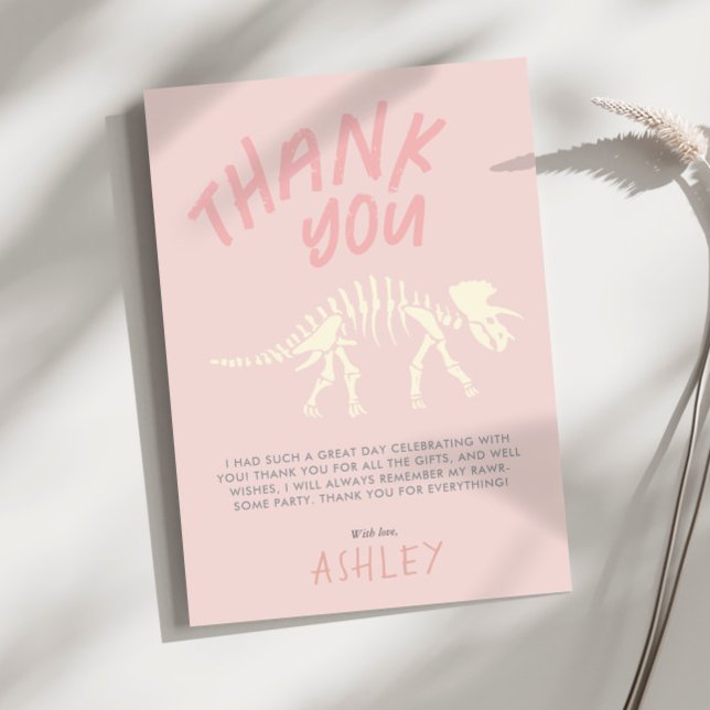 Cartão De Agradecimento Meninas Fóssil de Dinossauro Aniversário Rosa Obri (Criador carregado)