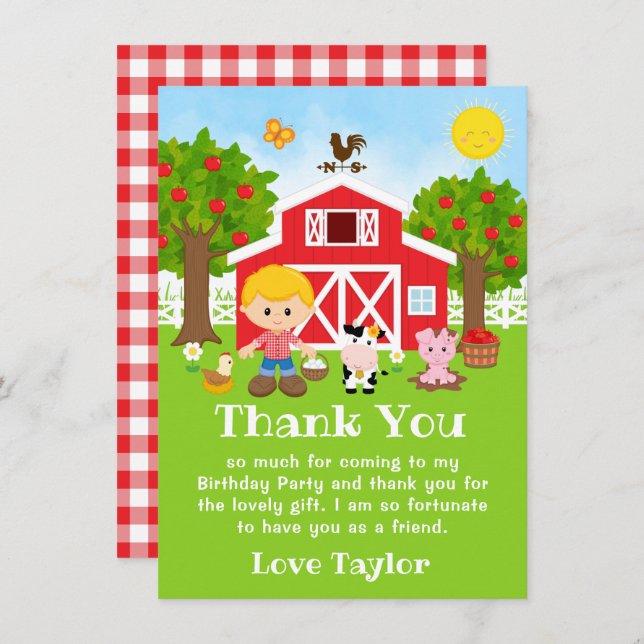 Cartão De Agradecimento Menino de Cabelo Loiro Aniversário Vermelho Fazend (Frente/Verso)