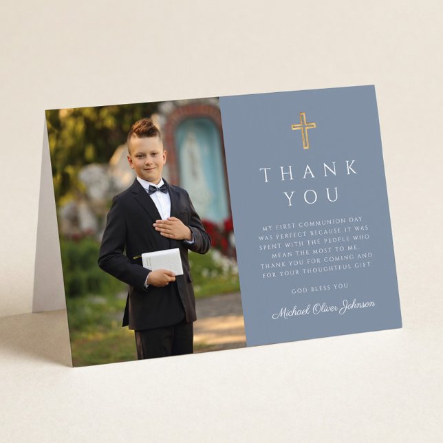 Cartão De Agradecimento Menino de Foto Azul Poeirento Primeira Comunhão Do (Dusty Blue Photo Boy First Communion Folded Thank You Card)
