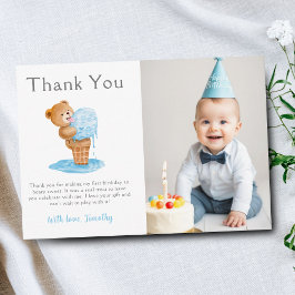 Cartão De Agradecimento Menino de Primeiro Aniversário com Urso de Pelúcia
