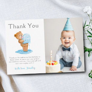 Cartão De Agradecimento Menino de Primeiro Aniversário com Urso de Pelúcia