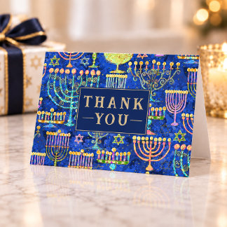 Cartão De Agradecimento Menorá Azul Dourada Hanukkah Estrela de Davi