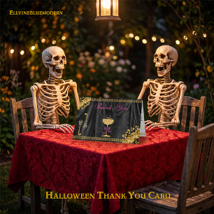 Cartão De Agradecimento Mensagem de Halloween Caveiras Brilho Dourado Obri