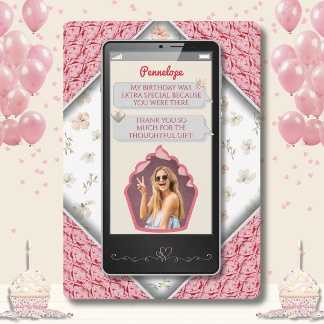 Cartão De Agradecimento Mensagem de Texto Rosa-Rosa Divertido - Obrigado C (Fun Pink Knitted Text Message Thank You Cards)