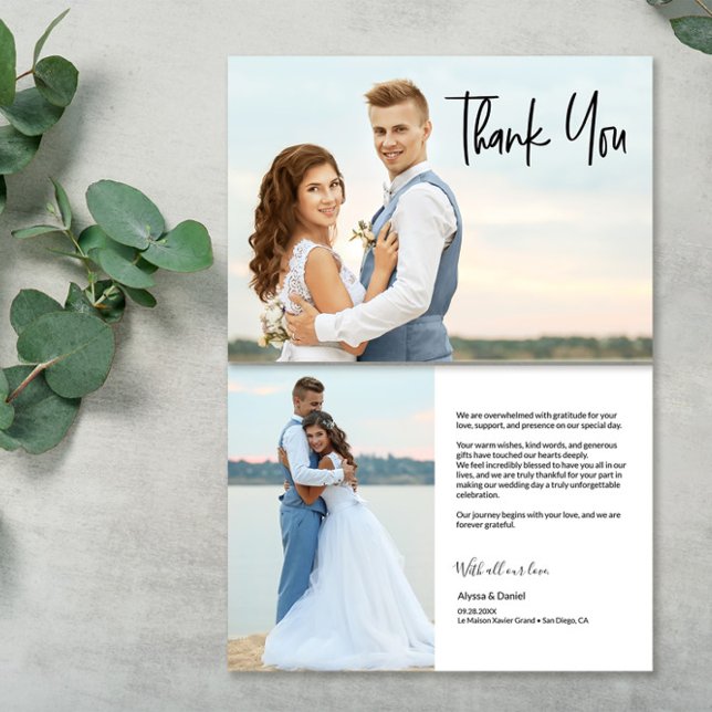 Cartão De Agradecimento Mensagem personalizada moderna 2 fotos de casament (Wedding Photo on front and back Modern Thank you card with customizable message, names and date.)
