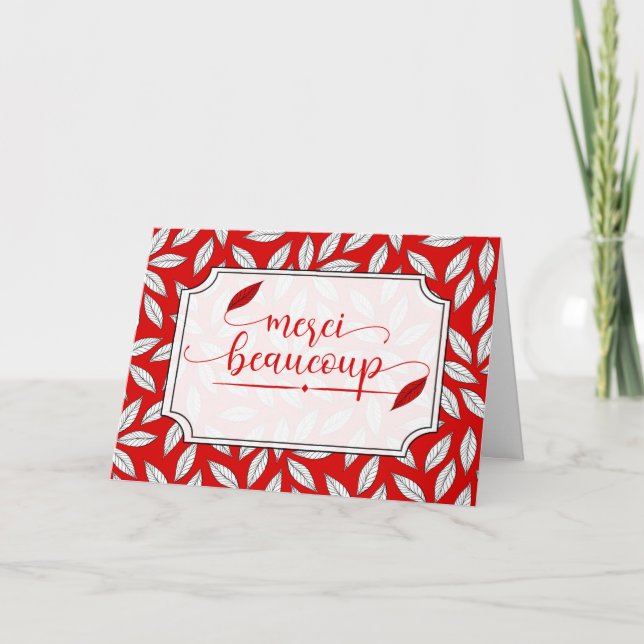 Cartão De Agradecimento Merci Beaucoup Francês Obrigado Red Botanic (Frente)