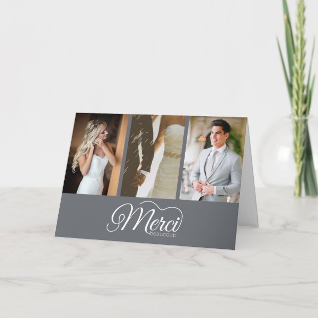 Cartão De Agradecimento Merci Beaucoup Gray Photo Hand Lettered Wedding (Frente)