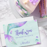 Cartão De Agradecimento Mermaid Tail Birthday Party<br><div class="desc">Mermaid birthday party thank you card with personalized message. Design features fantasy magical mermaid tails and ocean bubbles with "thank you" lettered in mermaid themed typography. It has a watercolor color palette of pink purple turquoise and mint green. Mermaid party invitations and supplies are available in store but please message...</div>