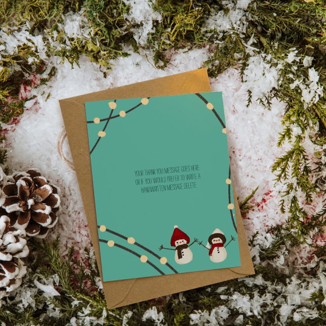 Cartão De Agradecimento Merry Christmas Snowman Duo– Winter Lights on Teal (Criador carregado)