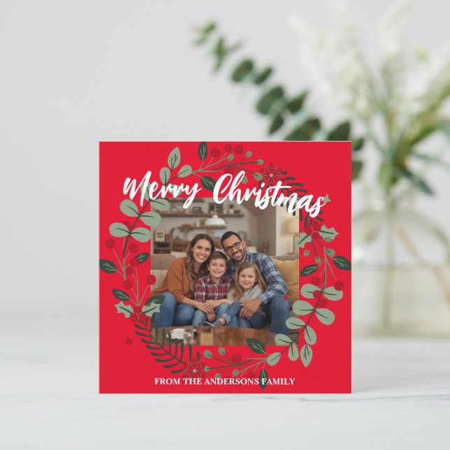 Cartão De Agradecimento Merry Christmas Wreath Photo Personalized Family N (Em pé/Frente)