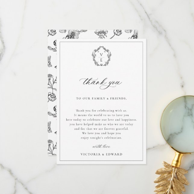 Cartão De Agradecimento Mesa de Recepção de casamento de descanso preto da (Frente/Verso In Situ)