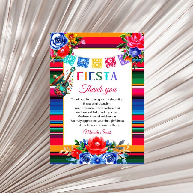 Cartão De Agradecimento Mexican Fiesta Birthday Flat Thank You Card (Mexican Serape Floral Fiesta birthday thank you card)