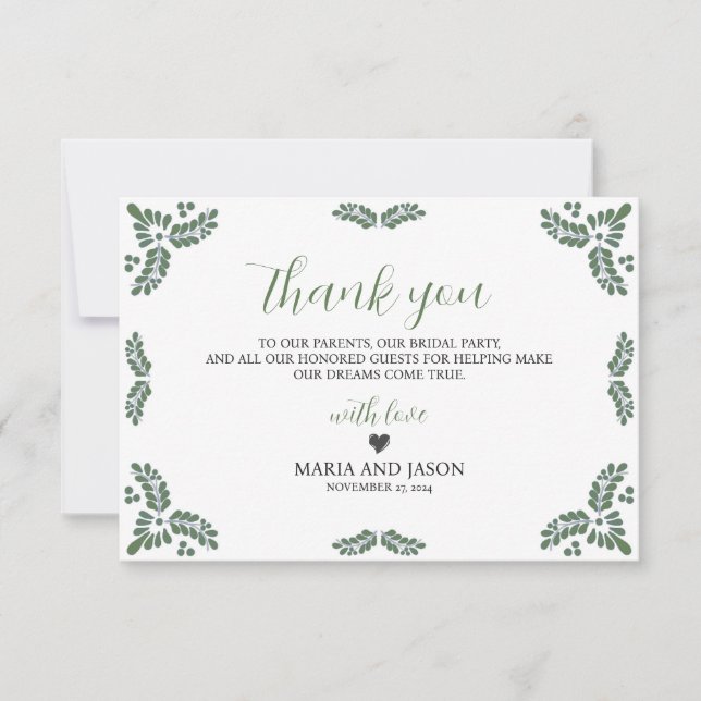 Cartão De Agradecimento Mexican Talavera Green Floral Minimalist Wedding (Frente)