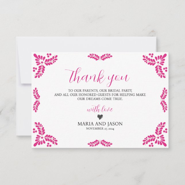 Cartão De Agradecimento Mexican Talavera Pink Floral Minimalist Wedding (Frente)
