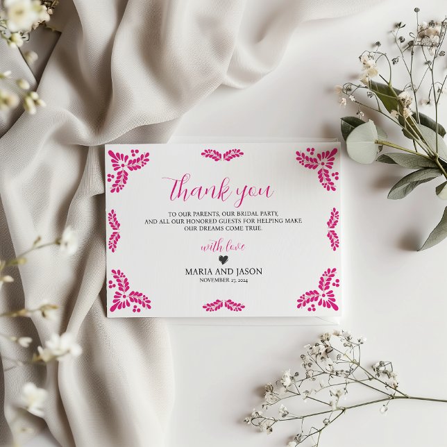 Cartão De Agradecimento Mexican Talavera Pink Floral Minimalist Wedding (Mexican Talavera Pink Floral Minimalist Wedding Thank You Card)