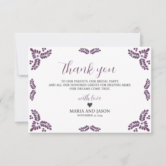 Cartão De Agradecimento Mexican Talavera Purple Floral Minimalist Wedding (Frente)
