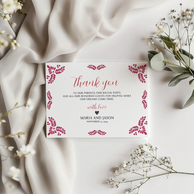 Cartão De Agradecimento Mexican Talavera Red Floral Minimalist Wedding (Mexican Talavera Red Floral Minimalist Wedding Thank You Card)