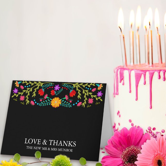Cartão De Agradecimento Mexicano Fiesta Floral Black Personalizado (Thank you card from my Mexican Fiesta Floral collection. Message me to create co-ordinating items.
)