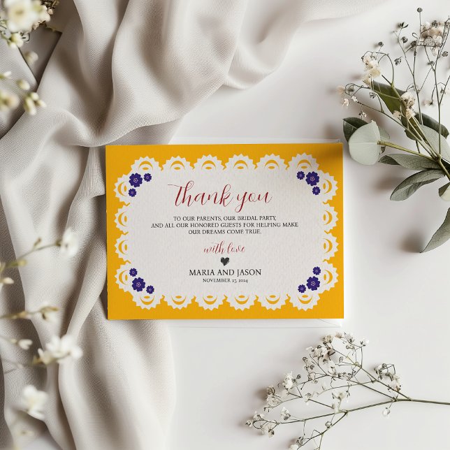 Cartão De Agradecimento Mexicano Papel Picado Yellow Nuestra Boda Wedding (Mexican Papel Picado Yellow Nuestra Boda Wedding Thank You Card)