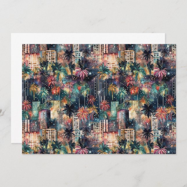 Cartão De Agradecimento Miami no Natal e Ano Novo em Aquarelas (Frente/Verso)