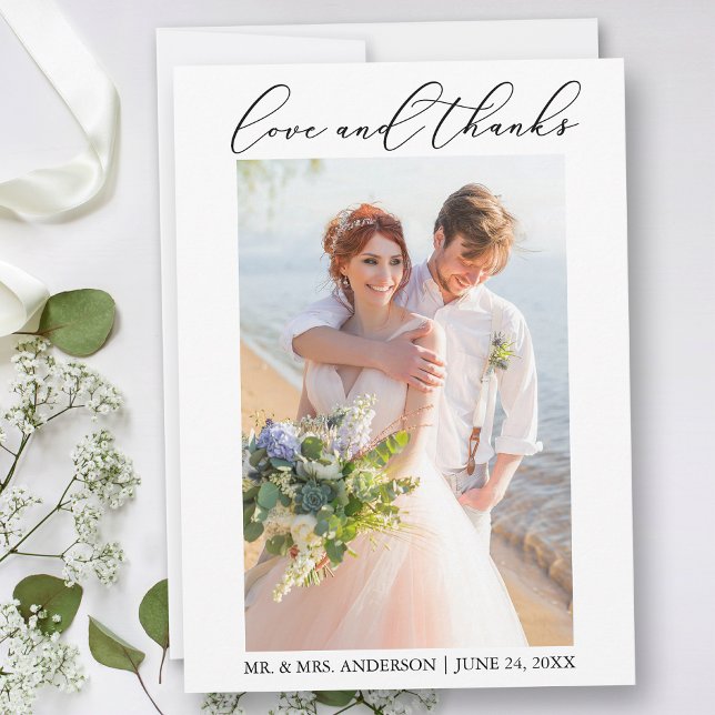 Cartão De Agradecimento Mínima Caligrafia Moderna Foto de Casamento (Customize to add text or more photos to back of card.)