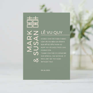Cartão De Agradecimento Minimal Bilingual Vietnamese Wedding Green