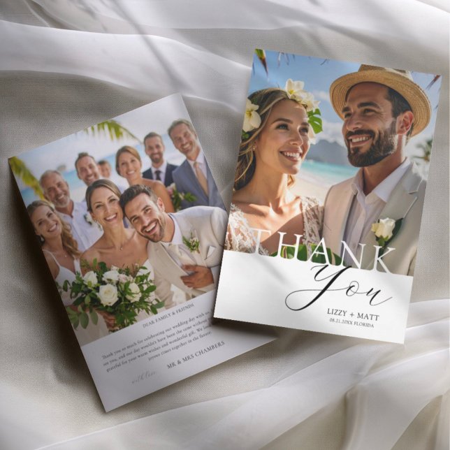 Cartão De Agradecimento Minimal black & White 2 Photo Wedding Thank You (Criador carregado)