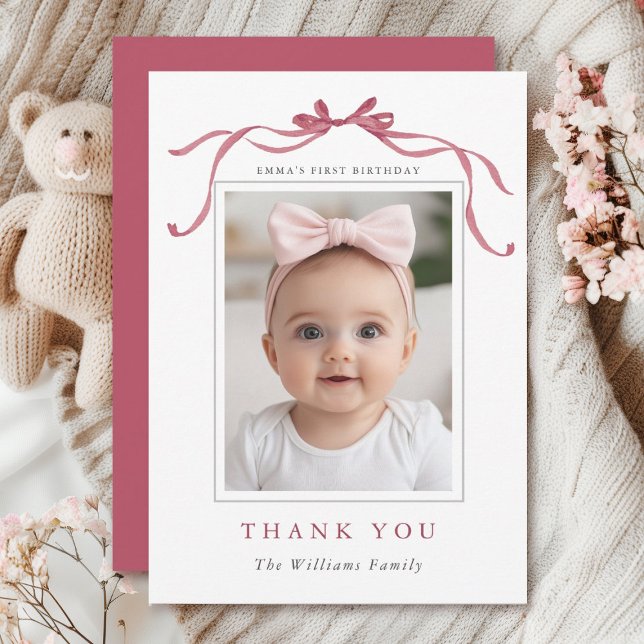 Cartão De Agradecimento Minimal Deep Blush Pink Bow Birthday Photo  (Criador carregado)