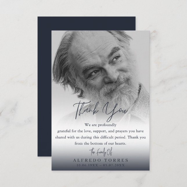 Cartão De Agradecimento Minimalist Dark Blue Photo Funeral Sympathy  (Frente/Verso)